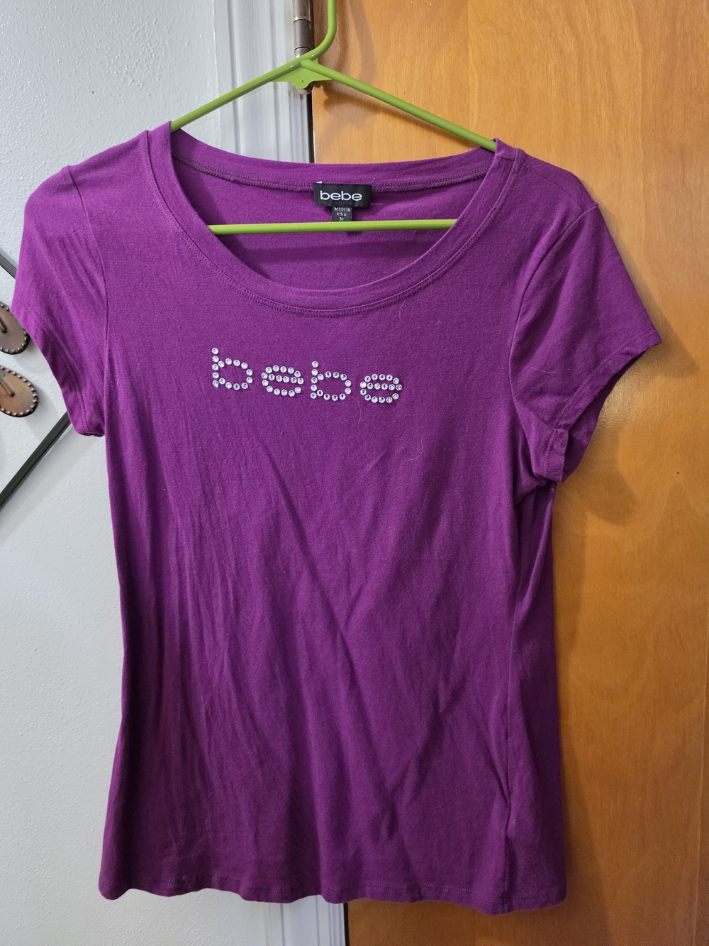 bebe Purple Crystal Logo Short Sleeve Tee Shirt Size M